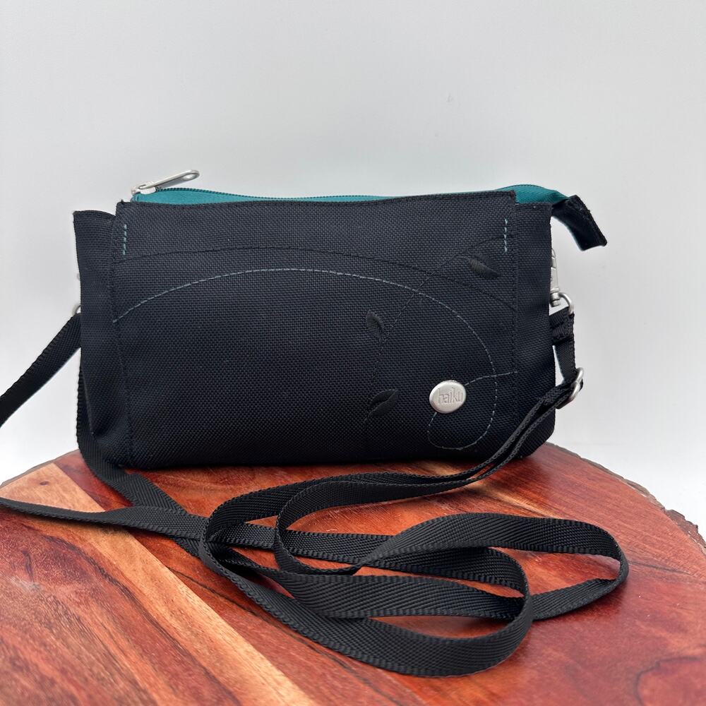 Haiku Travel Crossbody Wallet Bag Black Teal EUC Travel Sustainable Minimalist